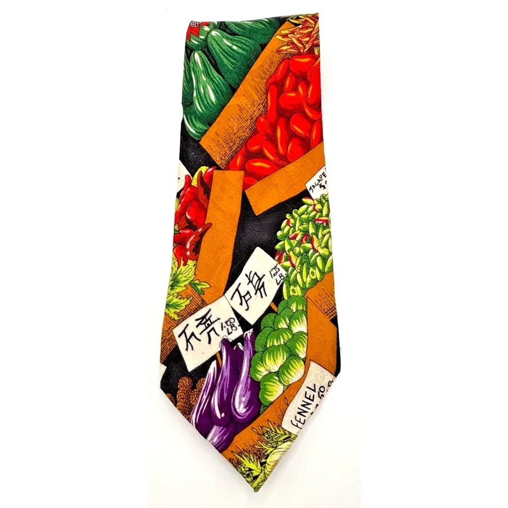 Vintage Nicole Miller 1991 Silk Tie Produce Market Vegetables Food Made in Italy